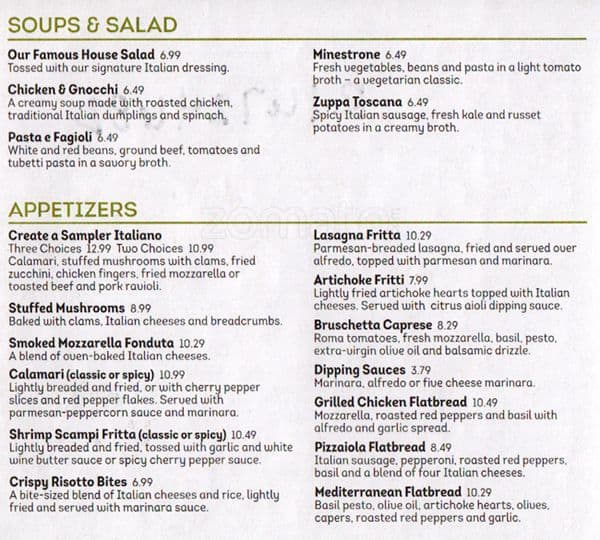 olive garden short menu and prices