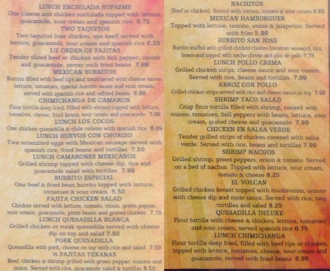 Menu at Cancun restaurant, Fairless Hills