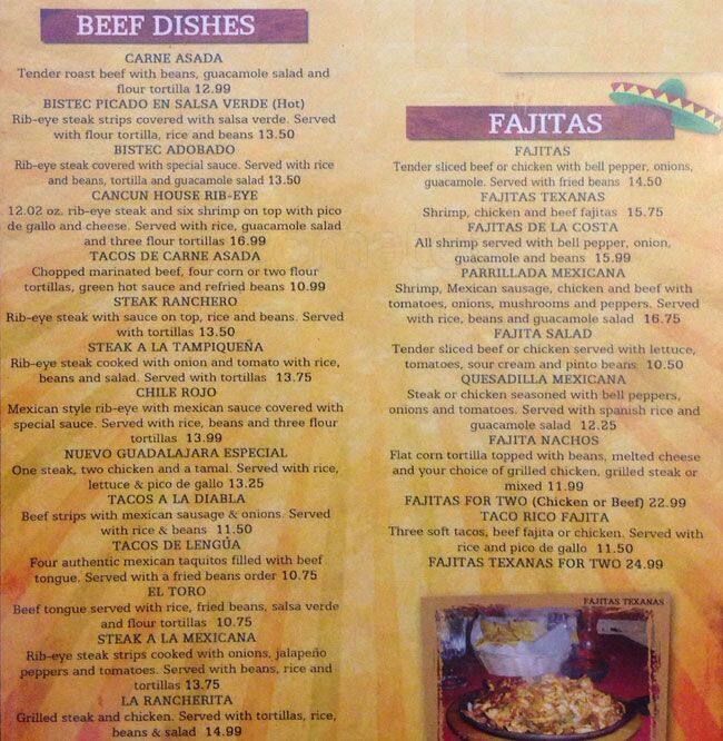 Menu at Cancun restaurant, Fairless Hills