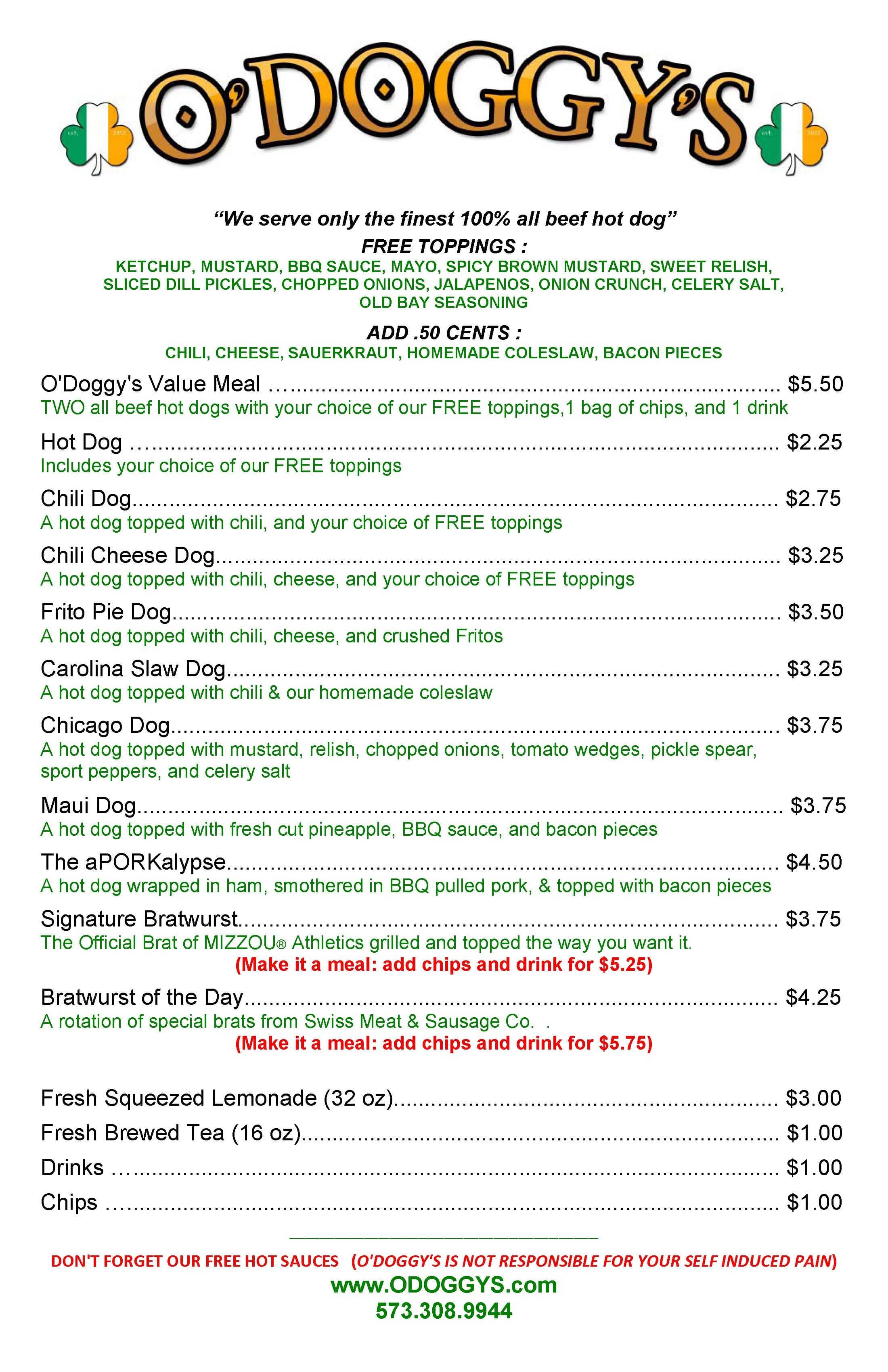 Menu at O'Doggy's Restaurant and Food Truck, Rolla