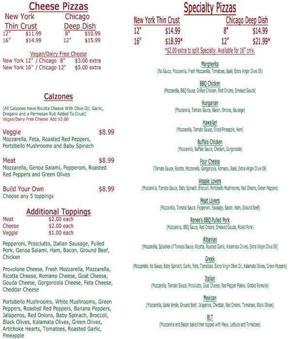 Menu at Renee's Gourmet Pizzeria, Southfield, Northwestern Highway