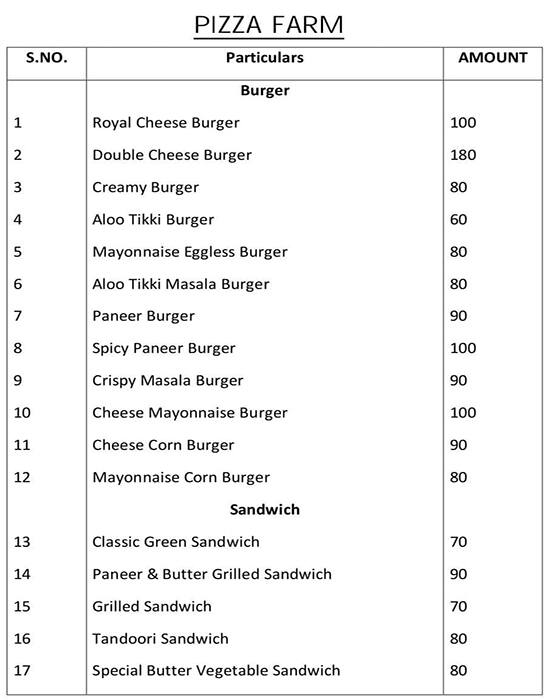 Menu of Pizza Farm, Brahmpuri, Jaipur