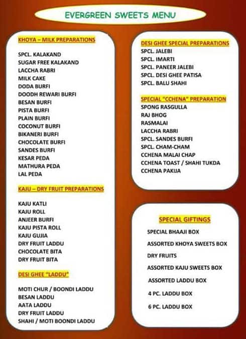 JSB Evergreen Sweets Noida menu
