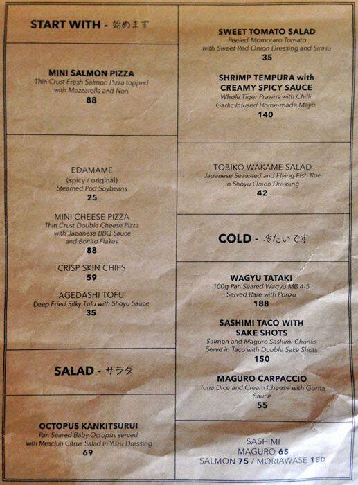Menu for Yellowfin, Senopati, Jakarta
