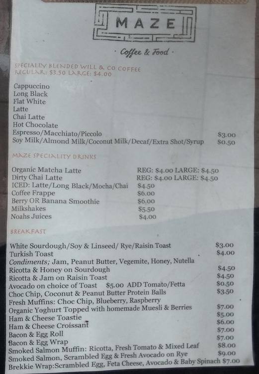 Maze Coffee Food Menu Menu For Maze Coffee Food Kensington Sydney