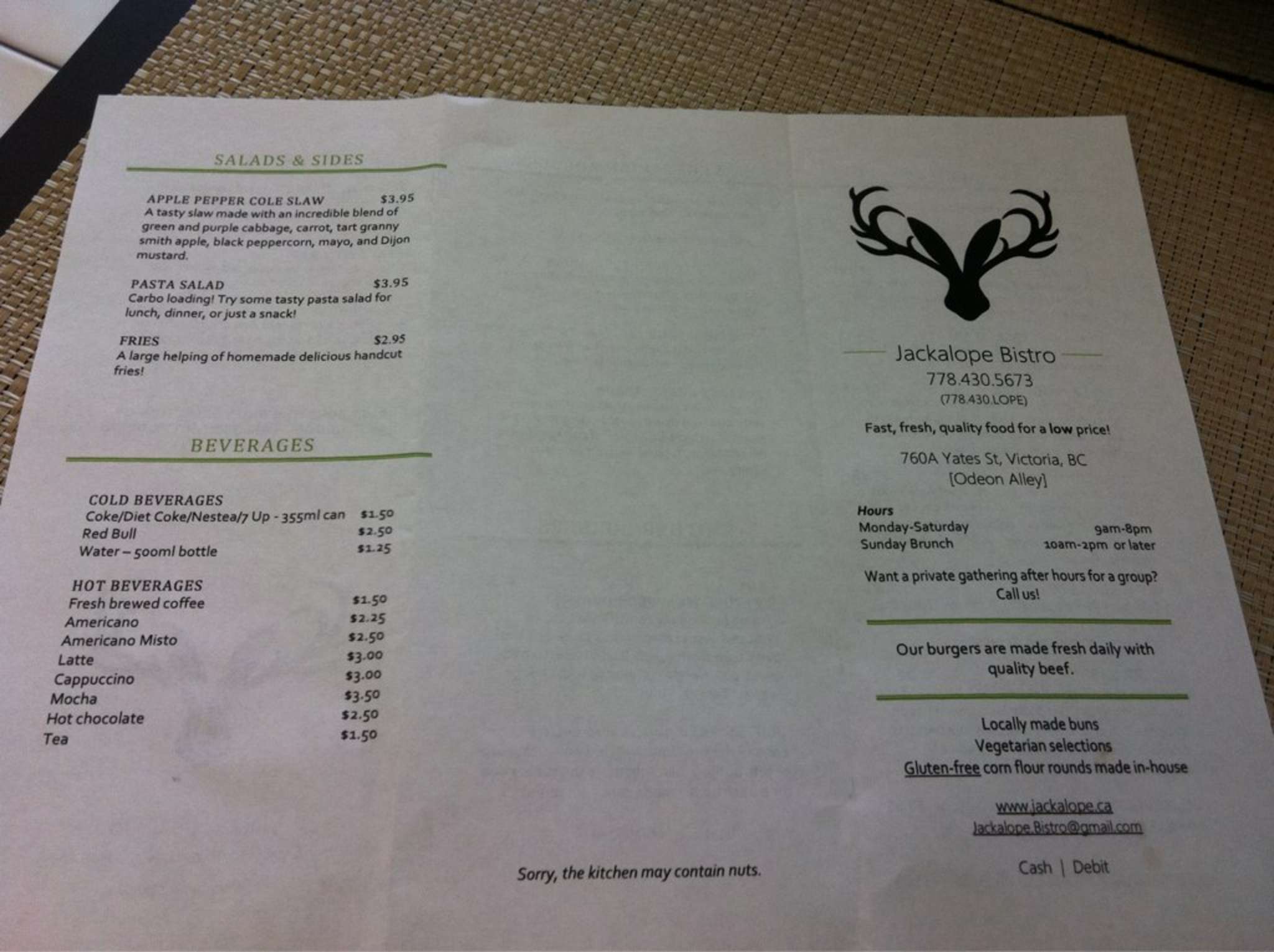 Menu at Jackalope Bistro restaurant, Victoria