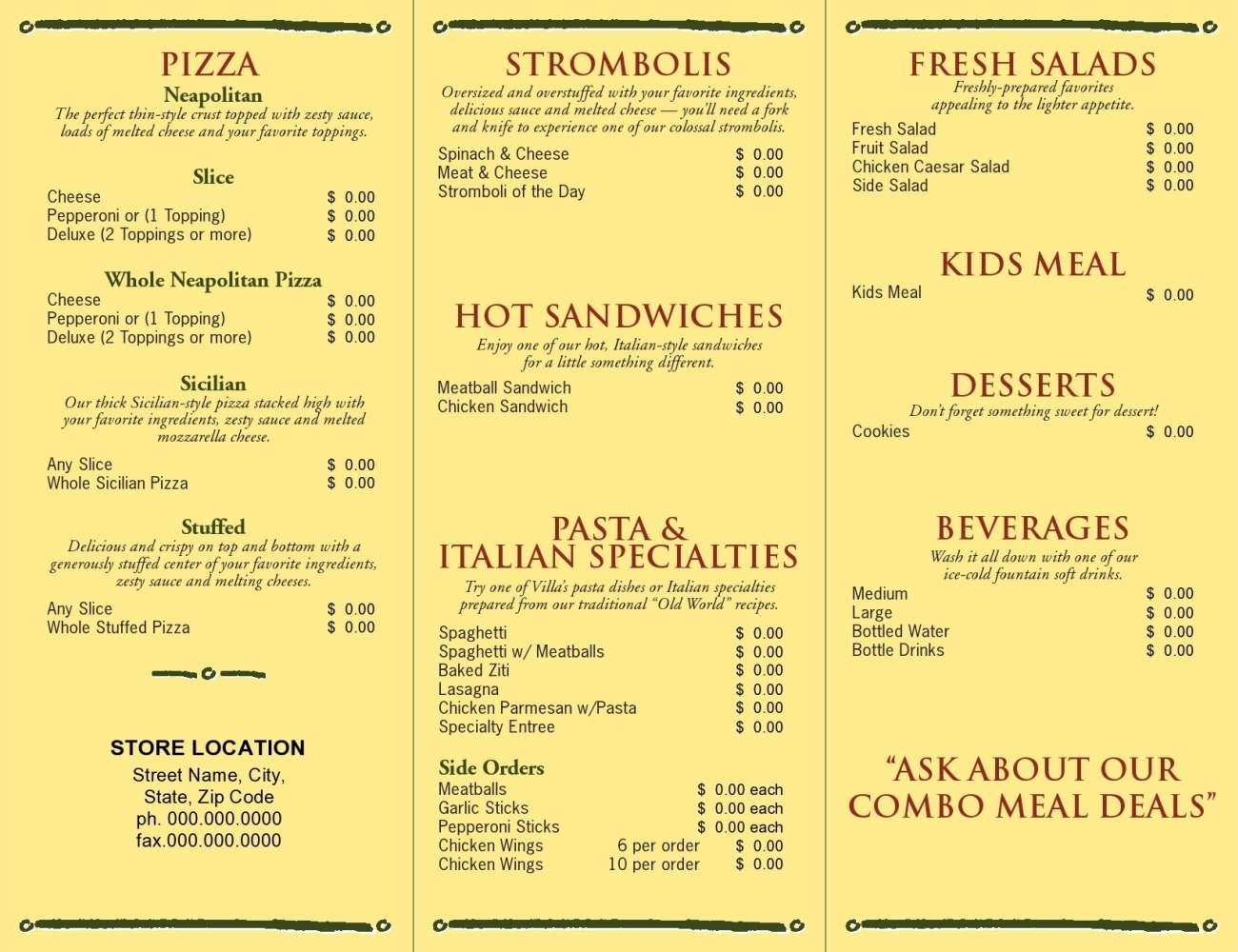 Villa Fresh Italian Kitchen menu