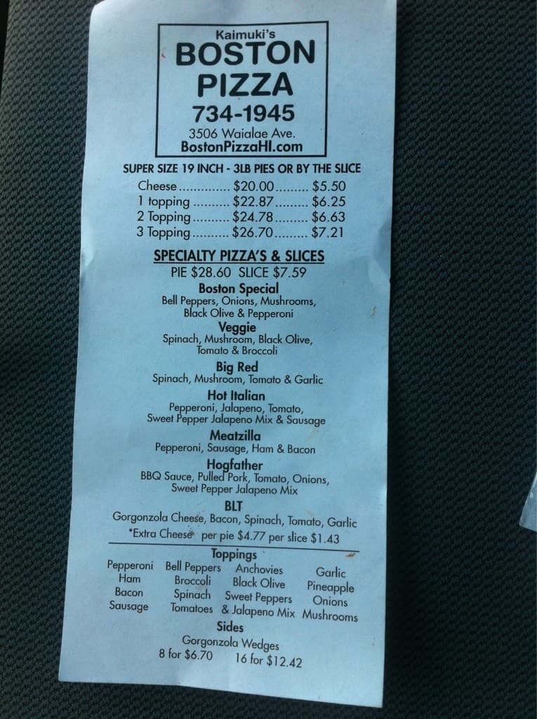 Boston's Pizza Kaimuki Menu Urbanspoon/Zomato