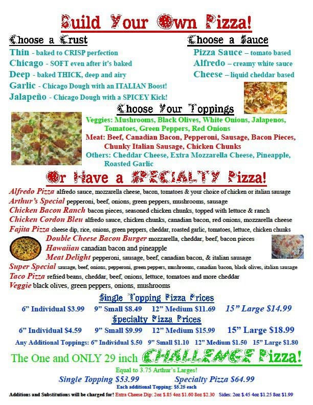 Menu at Arthur's Pizza & Mexican Foods pizzeria, Ellis