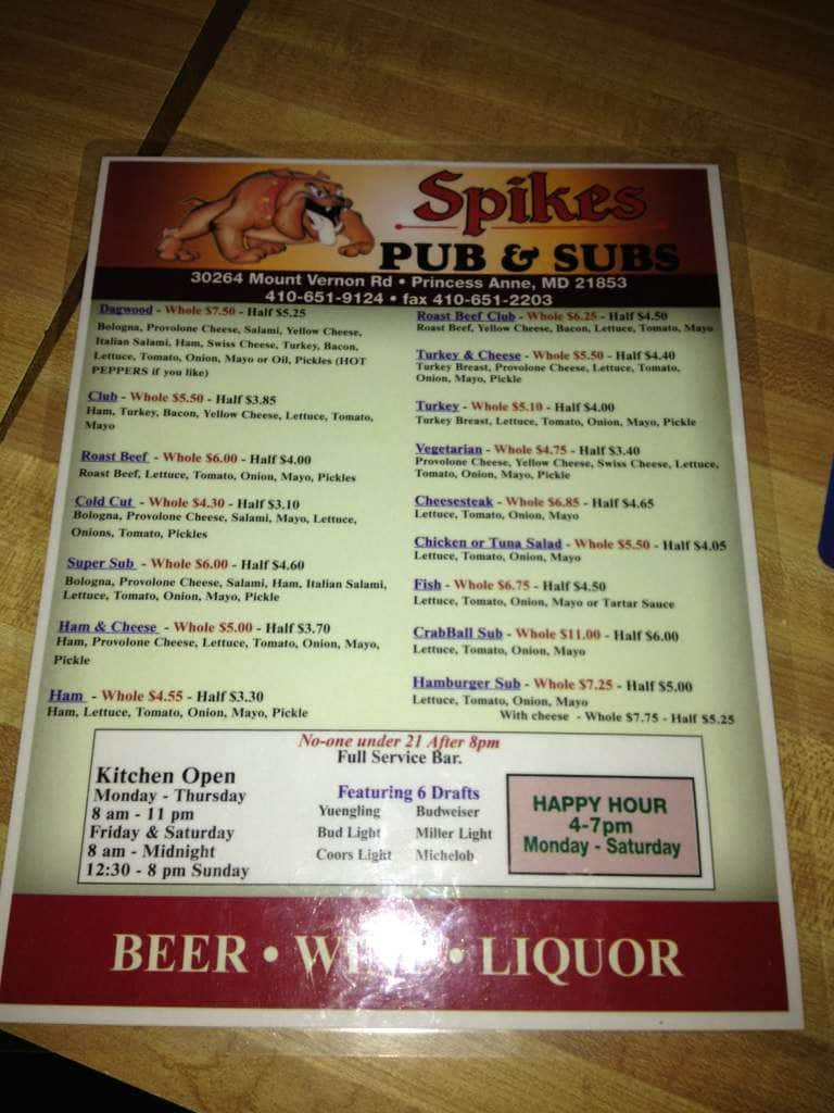 Spikes Pub Subs Menu Menu For Spikes Pub Subs Princess Anne Princess Anne