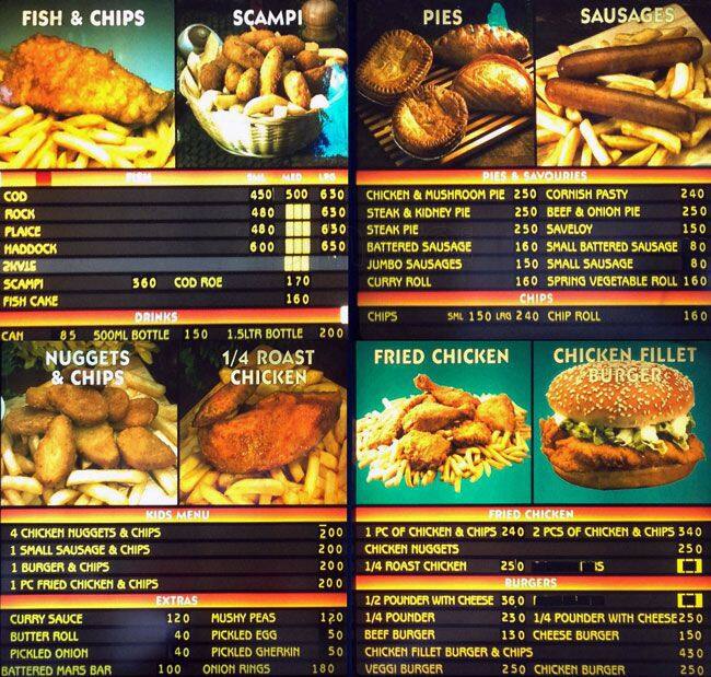 Menu at KC's Fish & Chips restaurant, London