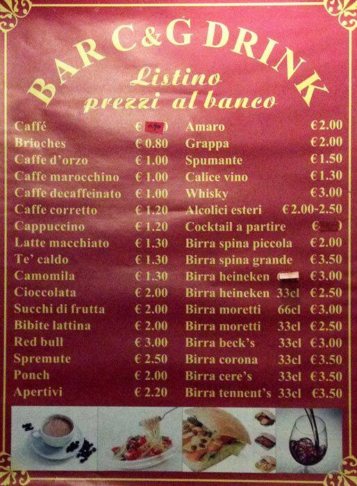 Menu di Bar C&G Drink 