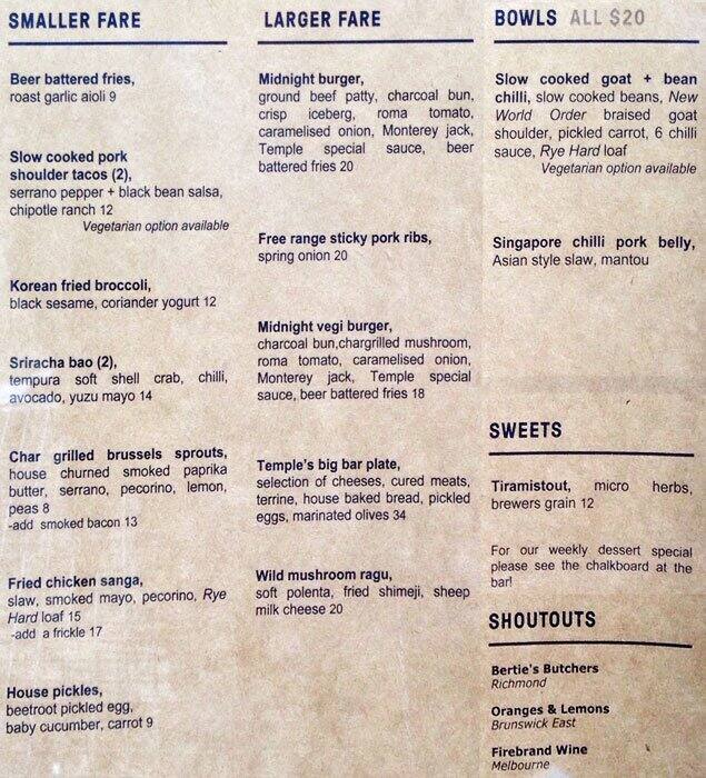 Temple Brewing Company Menu, Menu for Temple Brewing Company, Brunswick