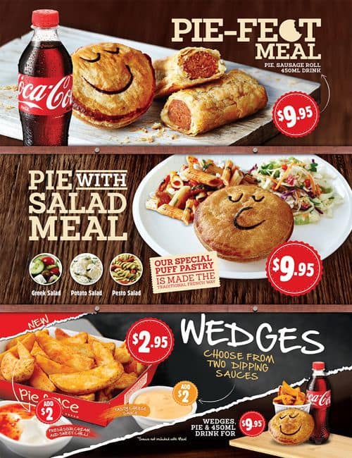 Pie Face Menu, Menu for Pie Face, Airport Brisbane BNE, Brisbane