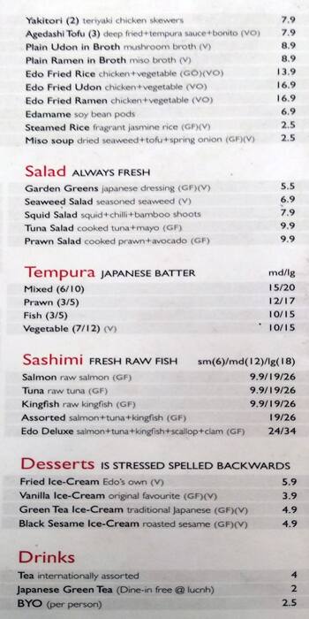 Menu at Edo restaurant, Subiaco, 320 Barker Rd