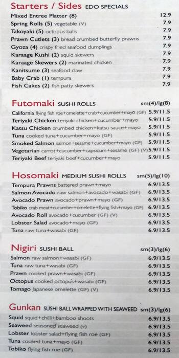 Menu at Edo restaurant, Subiaco, 320 Barker Rd