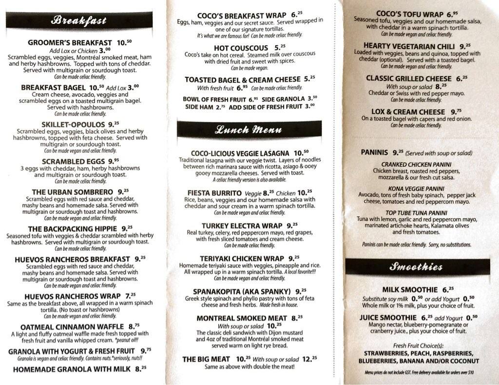 Menu at Coco's Cafe, Jasper