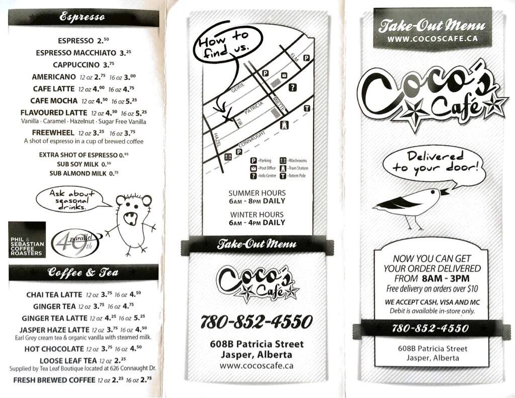 Menu at Coco's Cafe, Jasper