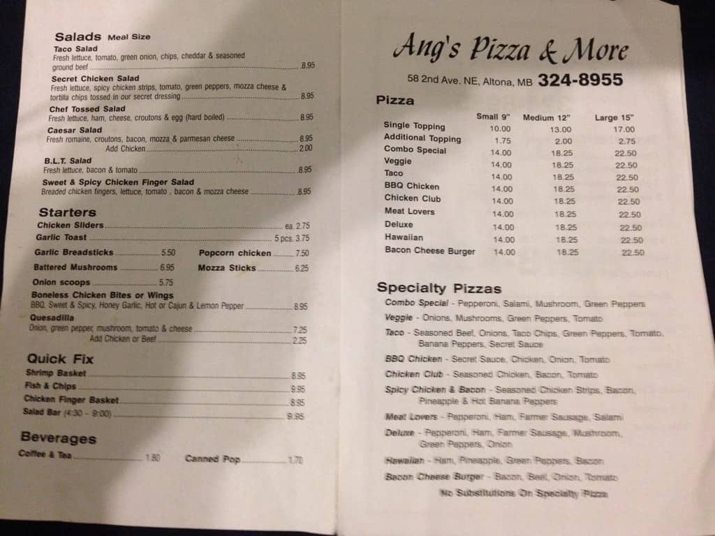 Menu at Ang's Pizza pizzeria, Altona, 58 2 Ave NW