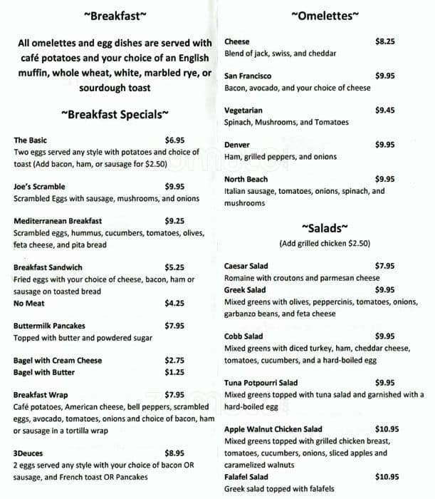 Joe's Cafe By the Bay Menu Urbanspoon/Zomato