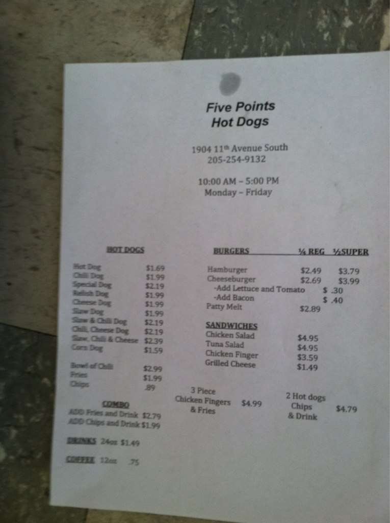 Five Points Hot Dogs Menu, Menu for Five Points Hot Dogs, Southside