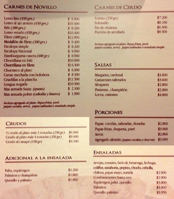 Bar Nacional El Bosque a Santiago Foto del Menu con Prezzi Zomato Cile