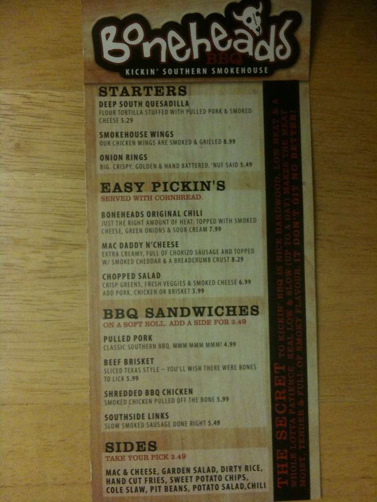 Boneheads BBQ Menu, Menu for Boneheads BBQ, Halifax, Halifax