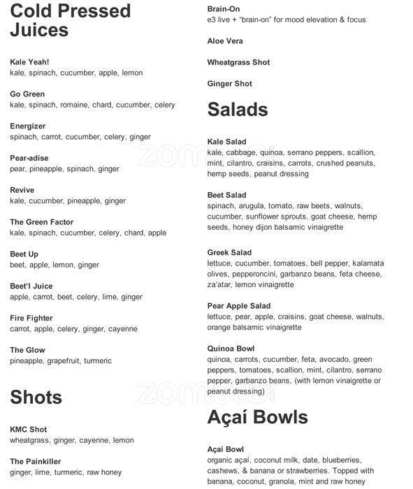 Menu for Kale Me Crazy, Inman Park 