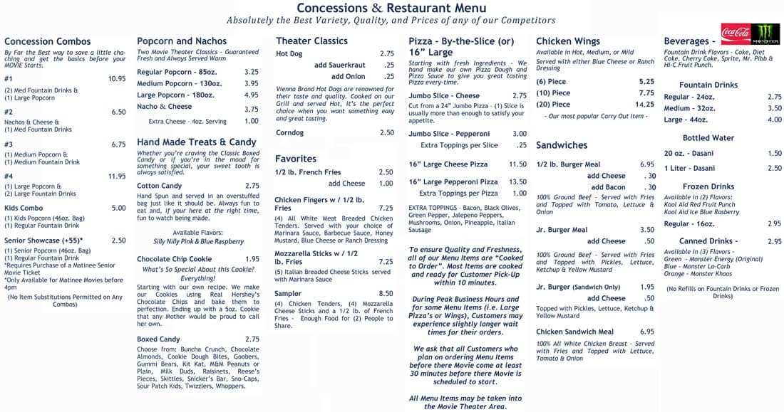 Menu at Flippers Cinema fast food, Hollywood