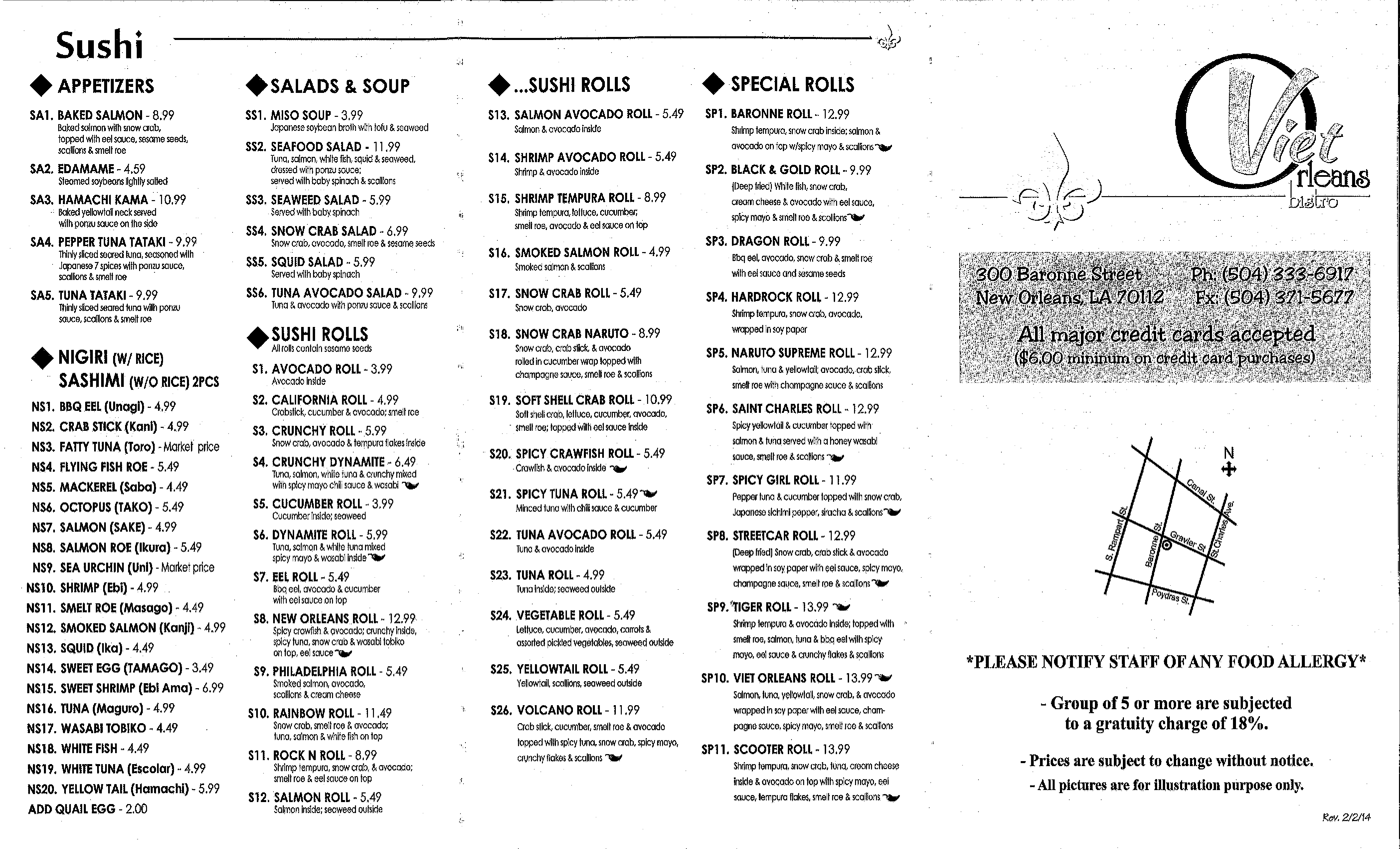 Menu at Viet Orleans Bistro restaurant, New Orleans