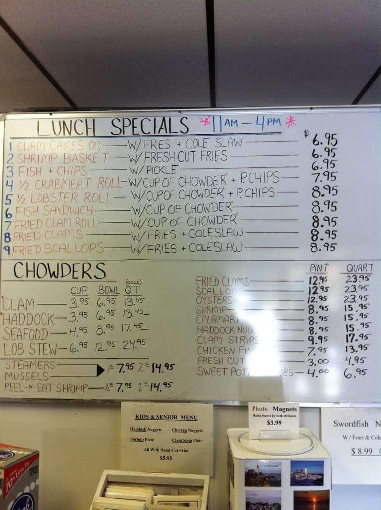 Menu at Bob's Seafood restaurant, Windham, 901 Roosevelt Trail