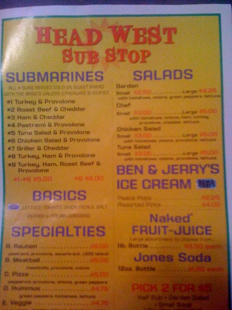 Head West Sub Stop Menu, Menu for Head West Sub Stop, Springfield