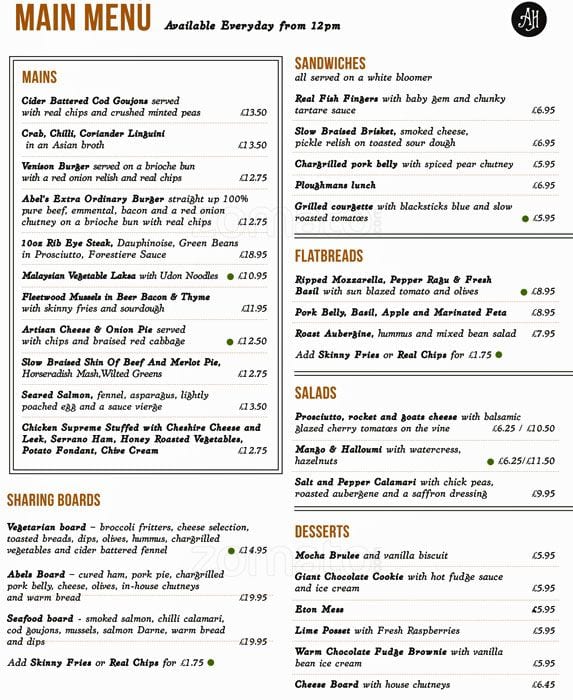 Menu at The Abel Heywood Pub & Boutique Hotel, Manchester