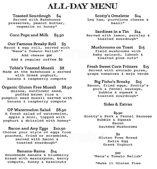 Orient Point Bakehouse Menu, Menu for Orient Point Bakehouse, Culburra