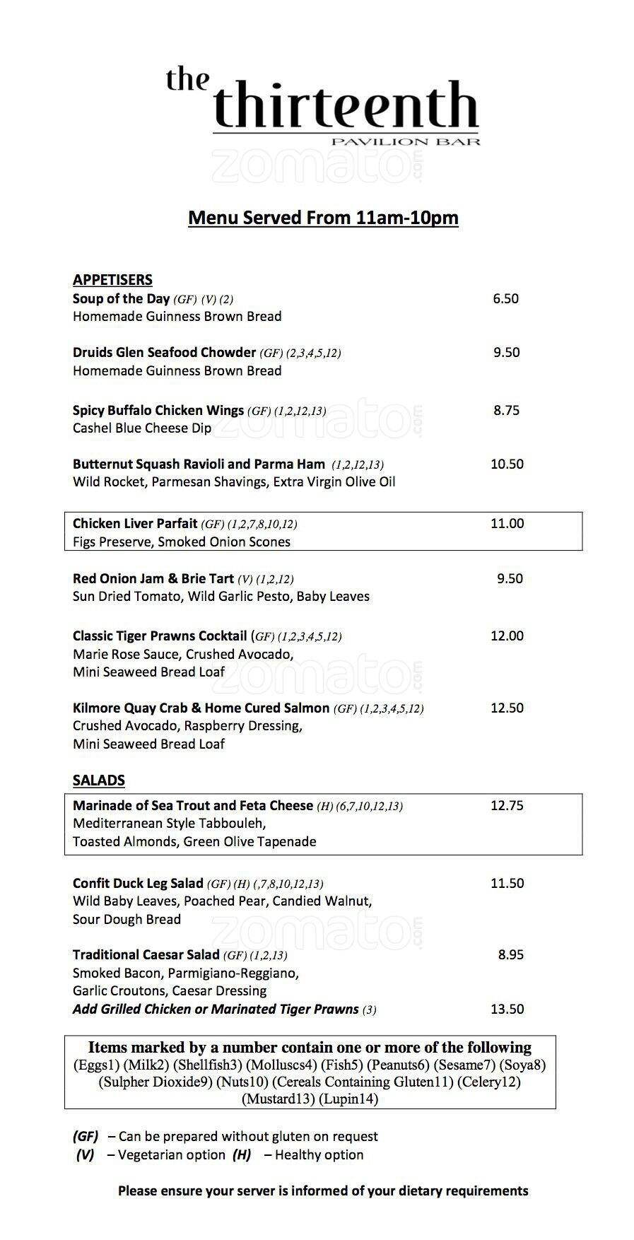 The Thirteenth Bar Druids Glen Menu Zomato Ireland