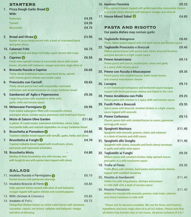 Menu At Olive Garden Restaurant London 42 Replingham Rd