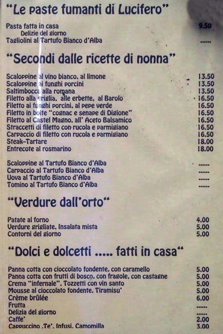 Menu di Taverna Lucifero 