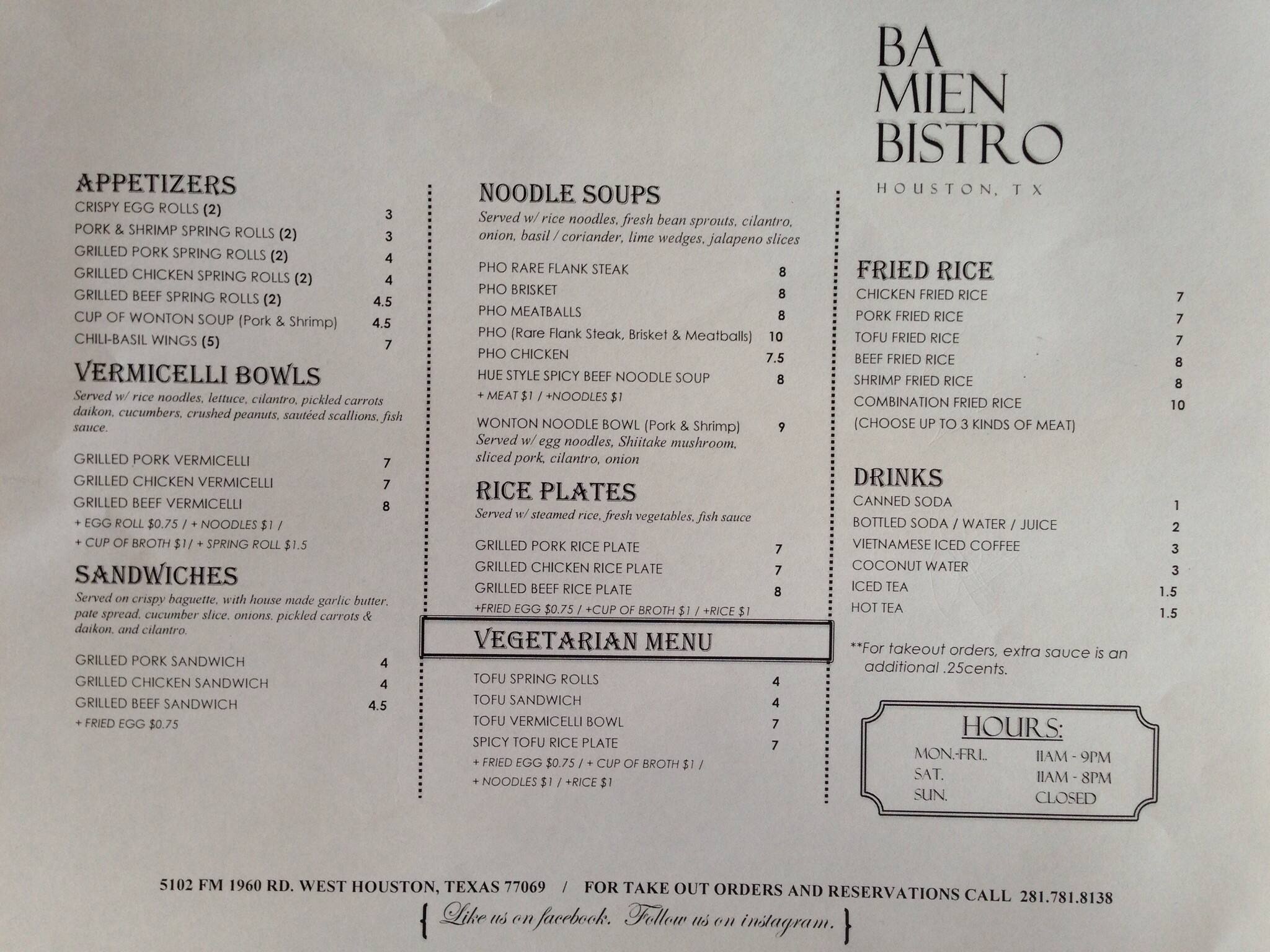 Ba Mien Bistro Menu, Menu de Ba Mien Bistro, Spring, Houston