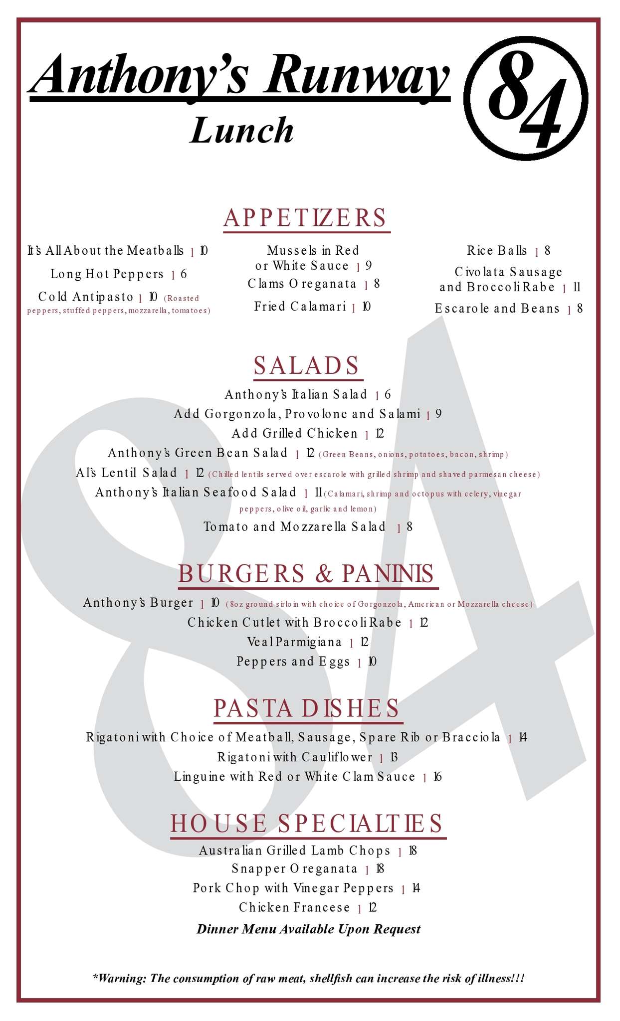 Menu At Anthonys Runway 84 Restaurant Fort Lauderdale