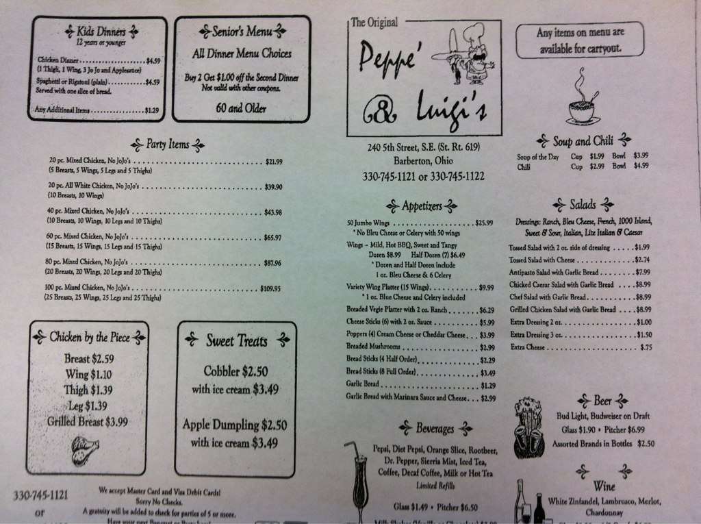Menu at Peppe & Luigis Pizza pizzeria, Barberton
