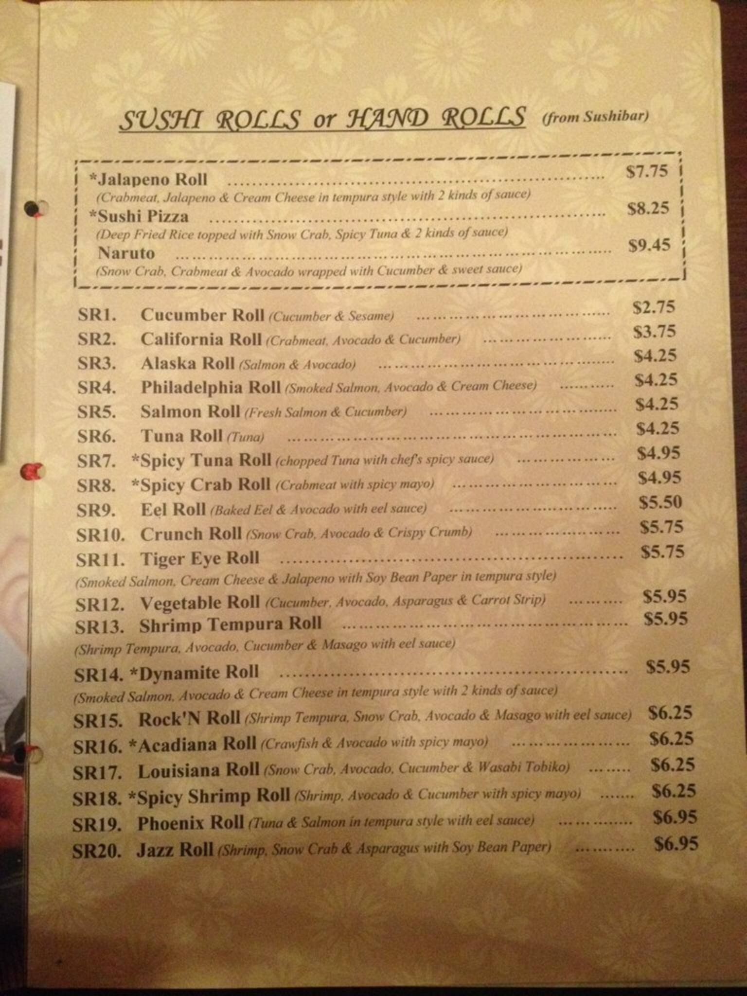 Hana Japanese Sushi Bar Grill Menu