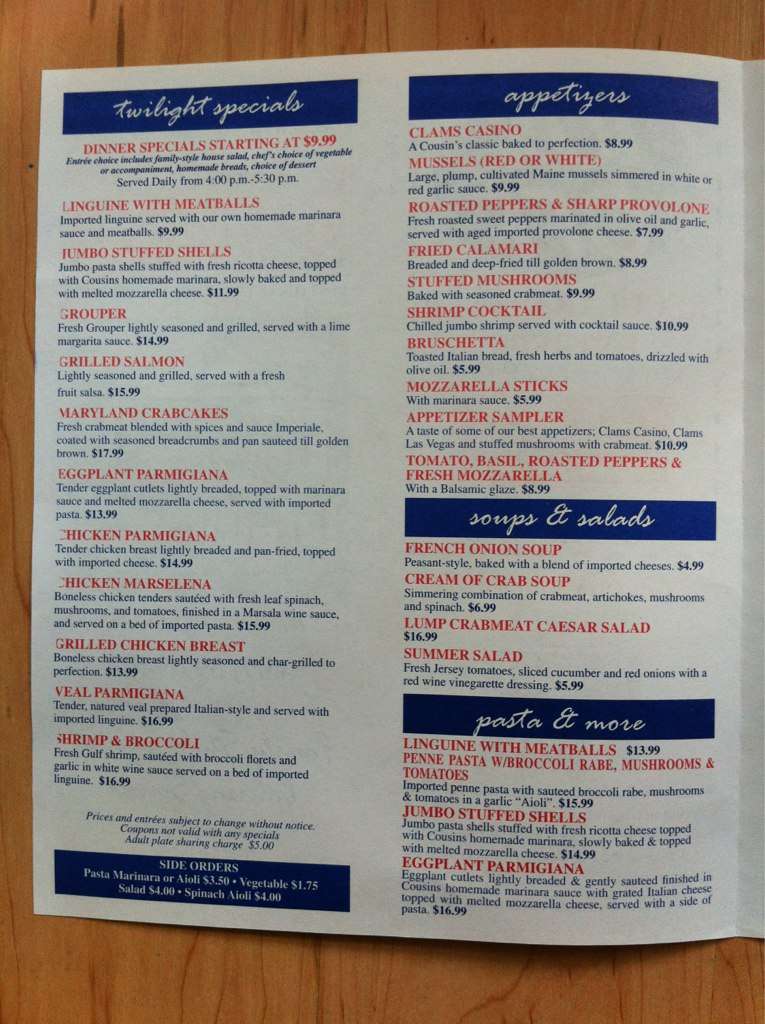 Cousin's Restaurant & Catering Menu Urbanspoon/Zomato