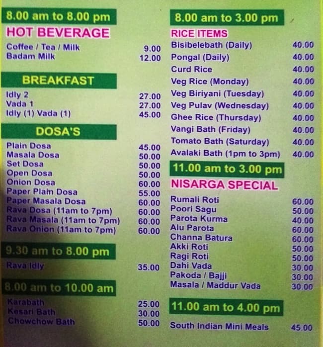 Nisarga Garden Veg Restaurant menu