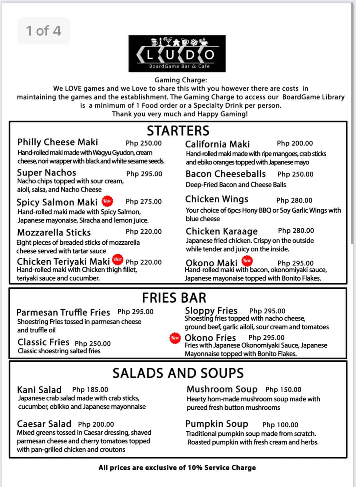 Menu at Ludo's Board Game Bar & Cafe, Quezon City, 26 Sct. Torillo St