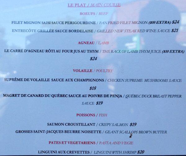 Menu at Bistrot 92 restaurant, Toronto
