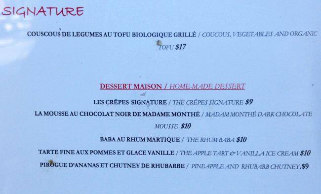 Menu at Bistrot 92 restaurant, Toronto