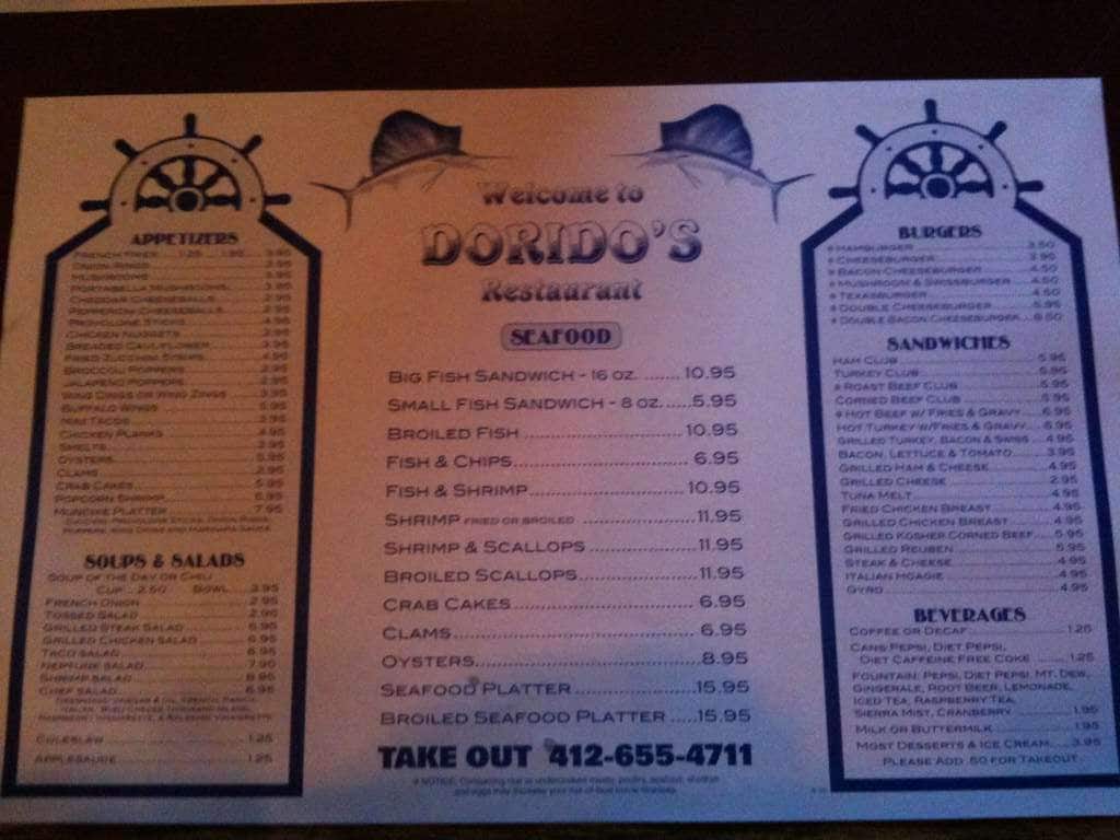 Menu at Dorido's Restaurant, Pittsburgh