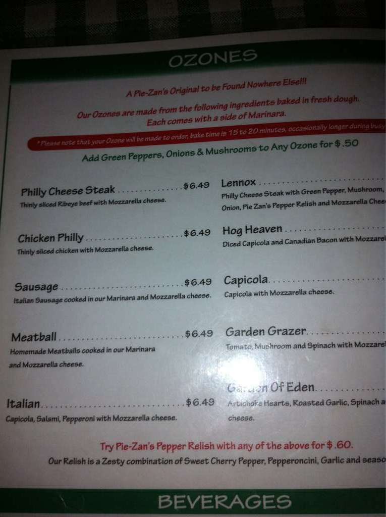 Menu at PieZan's pizzeria, Gunnison, 730 N Main St