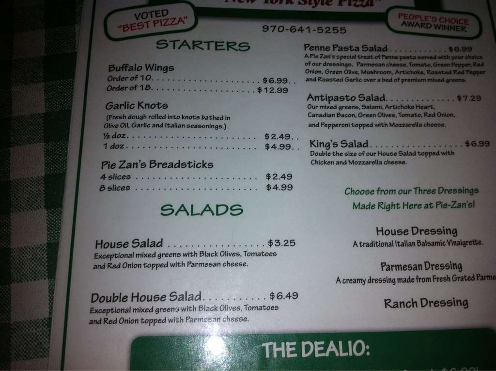 Menu at PieZan's pizzeria, Gunnison, 730 N Main St