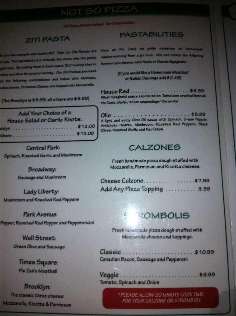 Menu at PieZan's pizzeria, Gunnison, 730 N Main St